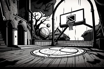 basketball court with a cartoonish hoop drawn in black and white. Generative AI