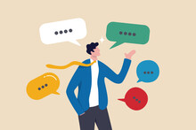 Verbal Or Oral Communication Skill, Storytelling Or Explanation, Public Speaking, Talking Or Discussion, Telling Message Or Speech Concept, Confidence Businessman Talking With Multiple Speech Bubbles.