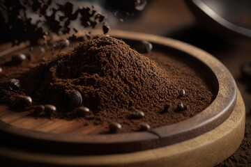 Canvas Print - Details of coffee grounds in a wooden dish, up close. Generative AI