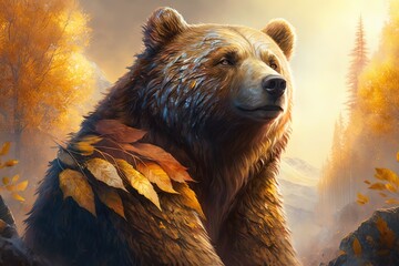 Wall Mural - golden autumn bear, king of the windy mountains generative ai