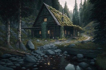 Wall Mural - Lost in Nature's Perfection – A Quiet and Mysterious Home Tucked Away in Wilderness Generative AI