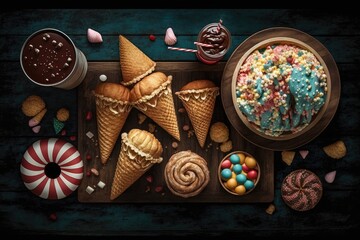 Poster - A dark wood background with a double border of carnival food. Overhead perspective with room for copy. The idea of a summer fair. Concessions, include corn dogs, funnel cake, cotton candy, and other m