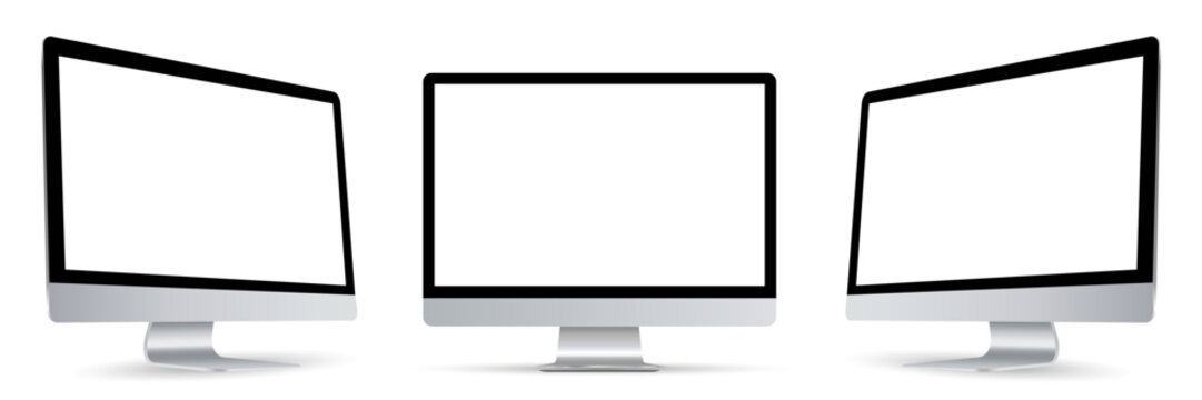 three black monitor with empty display in turn, realistic set device screen mockup with shadow - vec