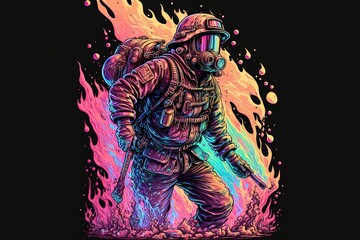 Illustration of firefighter in action, fighting with fire. Concept for poster or template for international firefighters day. Generative AI