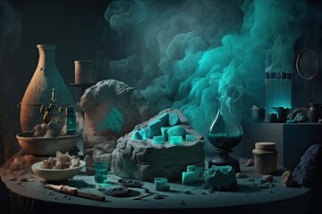 Poster - a smoky, stone rocked atmosphere in a dimly lit room with turquoise colored products as a display ba