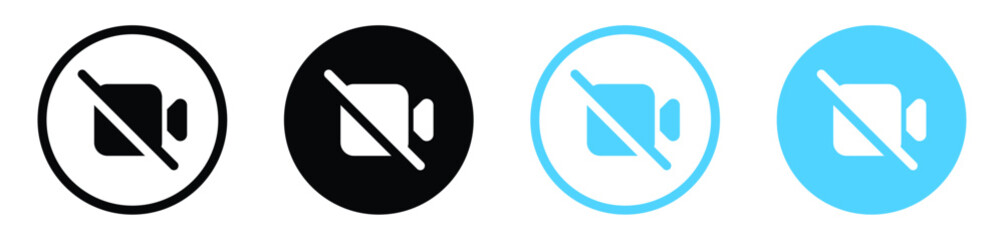 Poster - no video camera icons set. prohibition camera video off icon button for streaming - recording not allowed ,  no video call symbol. cinema movie sign facetime icons