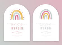 Cute Baby Shower Watercolor Invitation Card For Baby And Kids New Born Celebration. Its A Girl, Its A Boy Card With Watercolor Rainbow.