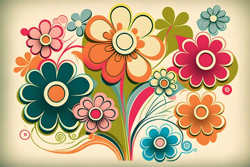 Happy hippie art prints. Abstract retro aesthetic backgrounds set with groovy daisy flowers. Vintage floral mid century art prints. 60s, 70s, 80s style. Danish pastel wall art. Generative Ai