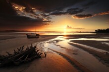 After A Tropical Storm, The Sun Rises Over A Bay On Nosy Be, In Northern Madagascar. At Low Tide, Ships Are Visible On The Beach. Generative AI