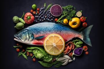 Poster - a well rounded diet chemical free, wholesome organic fare picking healthy options like fish, meat, f