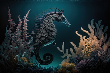 Sticker - A dark seahorse cruises by a coral reef. Generative AI