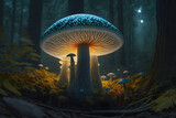 Fototapeta Uliczki - Fantasy mushroom in the forest at night. 3D illustration.. Fairy mushroom. Mushroom in the fairy forest. Generative AI technology.