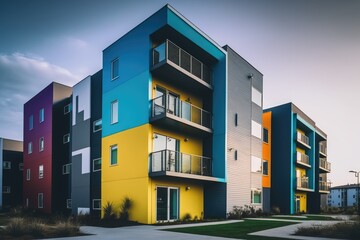 Canvas Print - Modern apartment building with a flat roof and air conditioning that is part of a multi family, mixed use neighborhood development. Generative AI