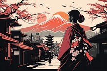 Tokio Geisha Line Art, Japan, Japanese Culture, Landscape, Pagoda, AI Generated Art, Wall Art, Wallpaper Frame Art, Painting, Water Color