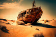 old leaky ship in the desert. the ship ran aground on a dune. ai generated