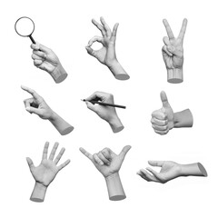 set of 3d hands showing gestures such as ok, peace, thumb up, point to object, shaka, holding magnif