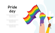 Vector LGBT Banner For Happy Lgbt PRIDE Day Vector. Pride Month. Rainbow Heart And Victory Hand With Rainbow Bracelet. LGBTQ Flag. 