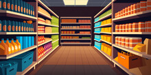 Aisle In Grocery Store And Shelves With Food Vector Background. Supermarket Interior Background Perspective View. Merchandise In Supermarket With Display Shelf Full Of Products To Buy. Generative AI.