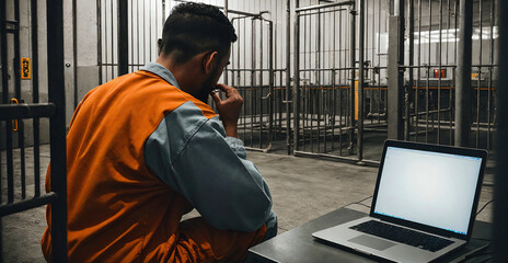 back view of a prisoner in orange suit sitting at table with and watching laptop prison cells with metal bars, generative AI