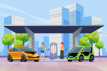 Electric vehicle charging station that supports urban life. Woman charging electric car on charging station. Concept of living in urban society. green energy concept, vector illustration