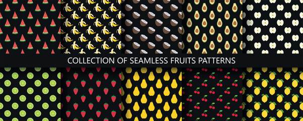 Collection of seamless fruits geometric patterns - hand drawn cartoon design. Repeatable summer nature backgrounds. Black endless creative prints. Vector illustration