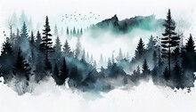 Watercolor Background Drawn Landscape Of Foggy Forest Wild Nature, Frozen, Misty, Taiga. Generative AI.