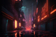 Photorealistic futuristic city in the style of cyberpunk. Empty street with neon lights Generative AI