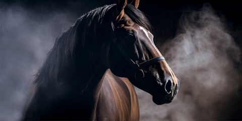 Spanish bay horse with long mane in light smoke. stock photo Cinematic, Photoshoot, Shot on 25mm lens