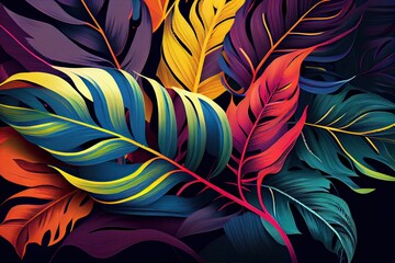 Wall Mural - Trend seamless pattern with colorful tropical leaves and plants. illustration design. Jungle print. Floral background. Printing and textiles. Exotic tropics. Fresh design. Generative Ai