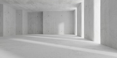 Abstract large, empty, modern concrete room with light from wall openings on the right and rough floor - industrial interior background template