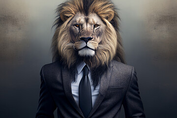 portrait of a lion in a business suit,angry lion in suit, lion businessman, Generative AI