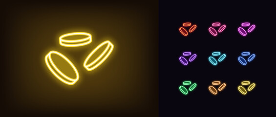 outline neon coins fly icon set. glowing neon falling coins sign, golden money drop pictogram. flyin