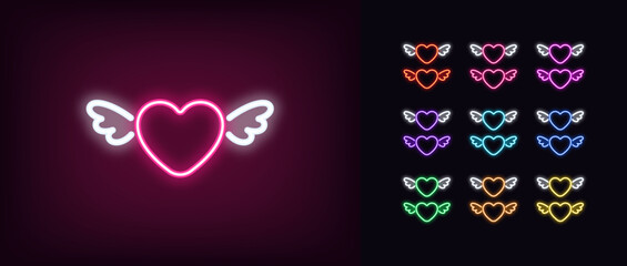 Poster - outline neon flying heart icon set. glowing neon heart with wings, love flight pictogram. cartoon an
