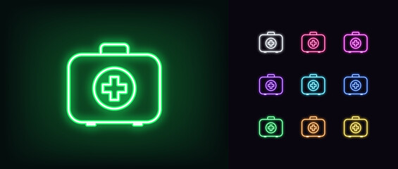 Poster - Outline neon first aid icon set. Glowing neon first aid kit, medical box pictogram. Emergency assistance and rescue life, medical bag with drug and medicaments, home aid kit, health care.