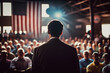 Presidential candidate speaks stage rostrum, agitating to vote for team, crowd voters against backdrop United States of America flags. Election campaign ahead elections authorities. Generative AI