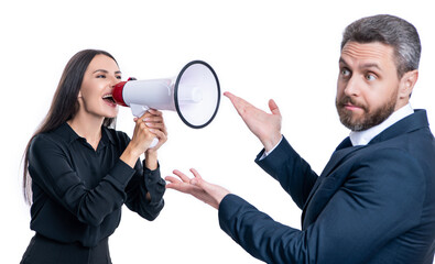 photo of angry businesspeople argue with loudspeaker. businesspeople argue with loudspeaker