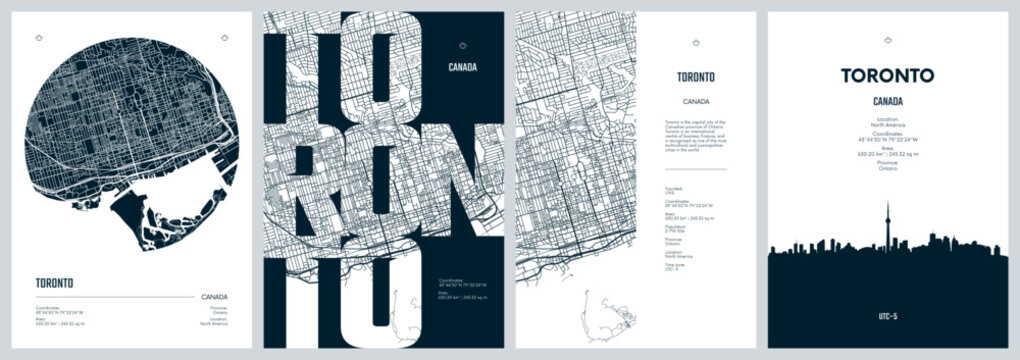 set of travel posters with toronto, detailed urban street plan city map, silhouette city skyline, ve