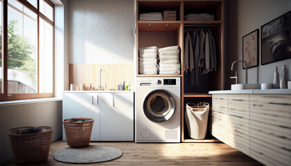 Canvas Print - Laundry room interior with washing machine near wall. Generative AI