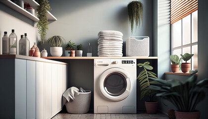 Canvas Print - Laundry room interior with washing machine near wall. Generative AI