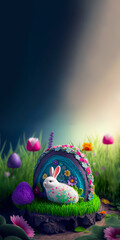 Sticker - Cute Bunny Character Siting Against Shiny Egg Shape Flower Landscape