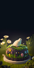 Canvas Print - Easter Concept with Beautiful Cake, Flowers and Bird.