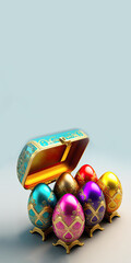 Canvas Print - 3D Render Of Shiny Colorful Floral Egg Stand With Open Box And Copy Space. Easter Concept.