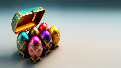 Canvas Print - 3D Render Of Shiny Colorful Floral Egg Stand With Open Box And Copy Space. Easter Concept.