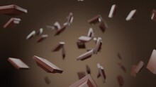 Realistic 3D Animation Of The Milk Chocolate Pieces Falling From The Top. High Quality 4k Rendered Footage