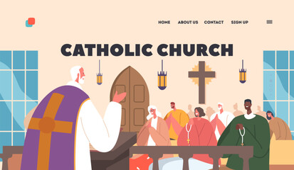 catholic church landing page template. priest leading the service to characters sitting on pews. fai
