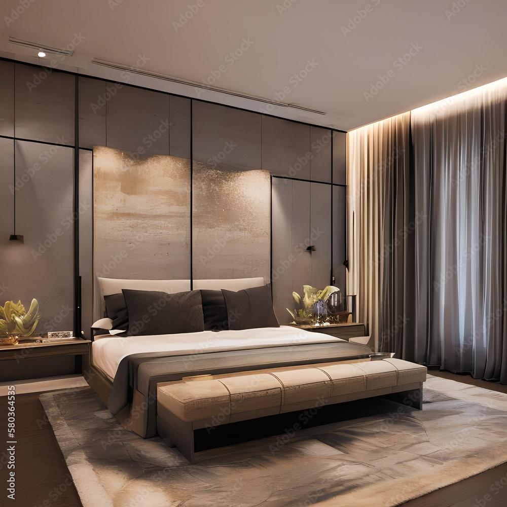 1 A contemporary and stylish bedroom with a king-sized bed, side tables ...