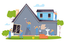 House Building Repair Painting Wall Home Renovate Concept. Vector Graphic Design Illustration Element
