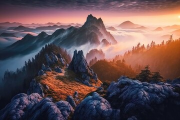 Canvas Print - At dawn in the summer, low clouds cover the mountains. aerial picture of mist covered mountain peaks. Stunning scenery with rocks, a forest, an orange sun, and a beautiful sky. Cloud covered mountain