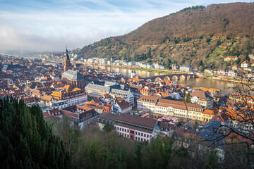 Sticker - Aerial view of Heidelberg old town with Church of the Holy Spirit (Heiliggeistkirche) and Old Bridge (Alte Brucke) - Heidelberg, Germany