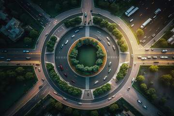Top view of car traffic on multi-lane highways or expressways, traffic in roundabouts is part of everyday life. AI generated illustration.